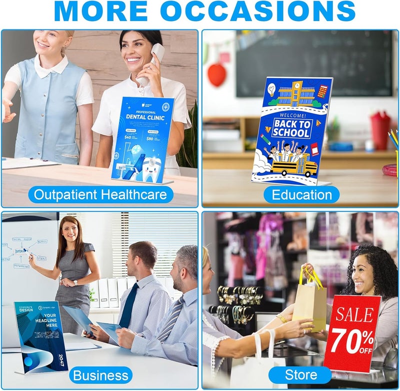 EHWINE 12 Pack Acrylic Sign Holder 8.5 x 11, L Shape Clear Plastic Display Stand, Slanted Back Picture Frame Menu Flyer Paper Display Stand up Table Top Sign Holders for Restaurant, Office and School - Image 5
